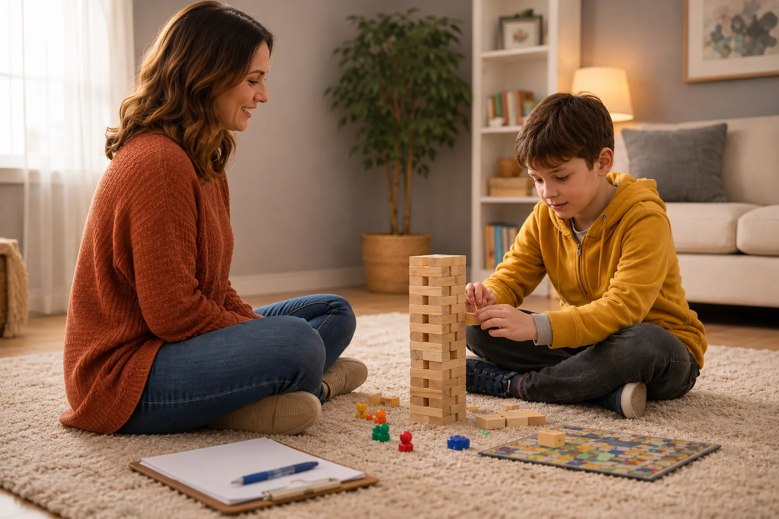 Therapist playing with child at home