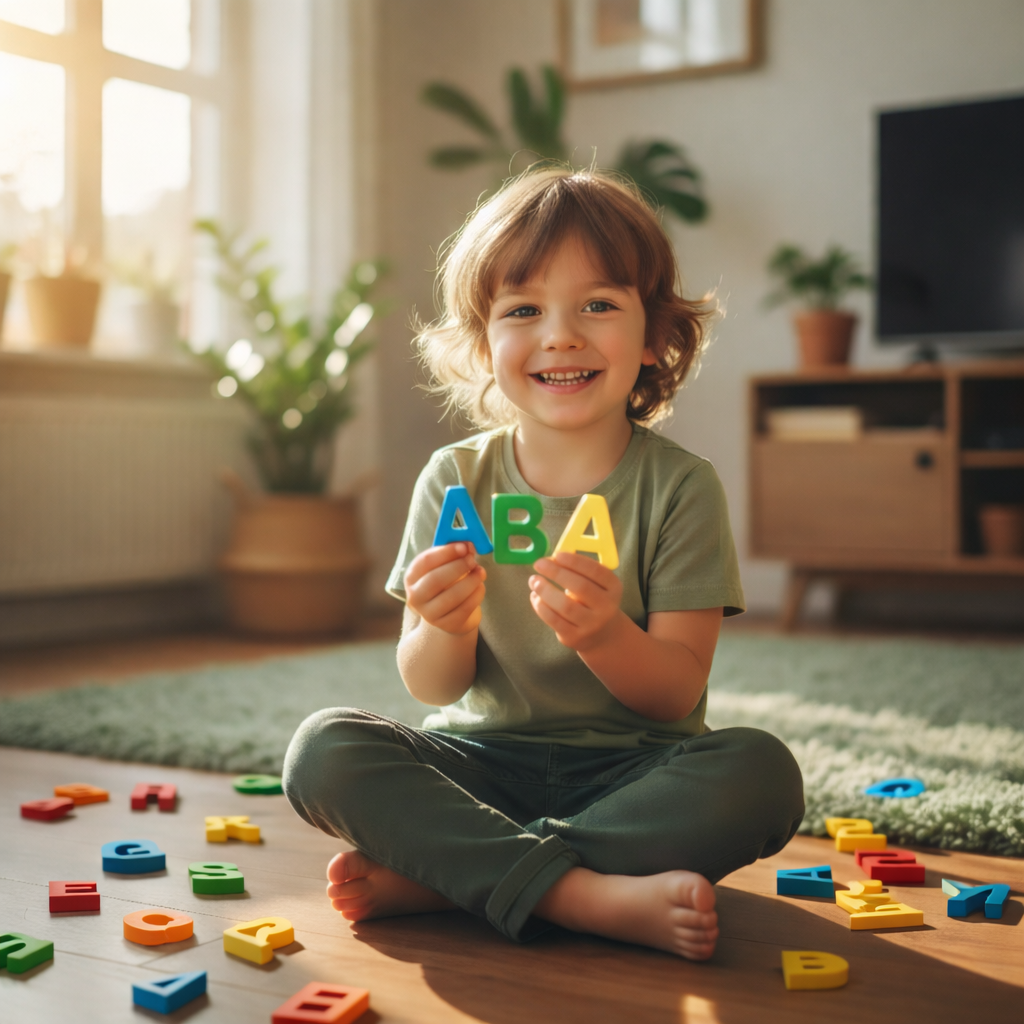 Happy child holding colorful ABA letters