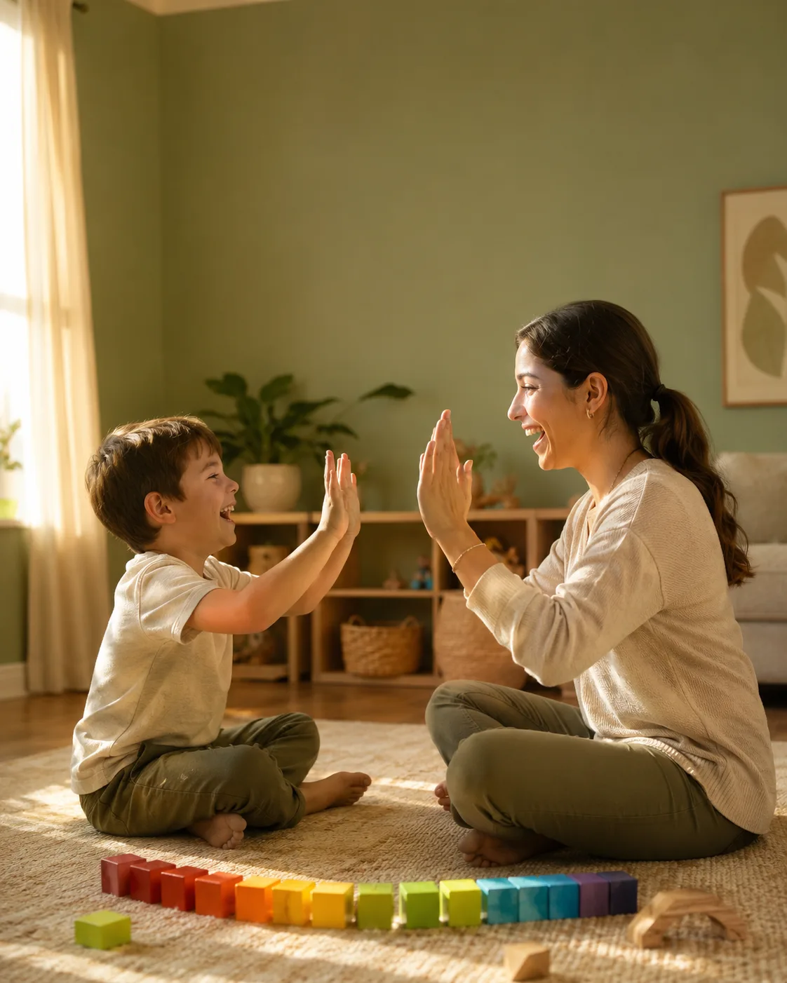 Child and therapist sharing a joyful high-five during a session