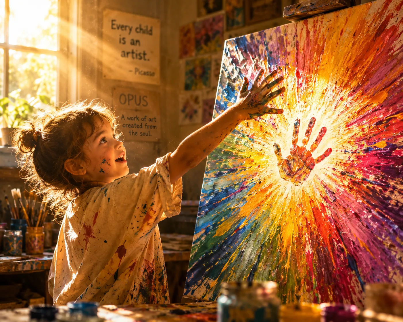 Child revealing a bright colorful handprint painting