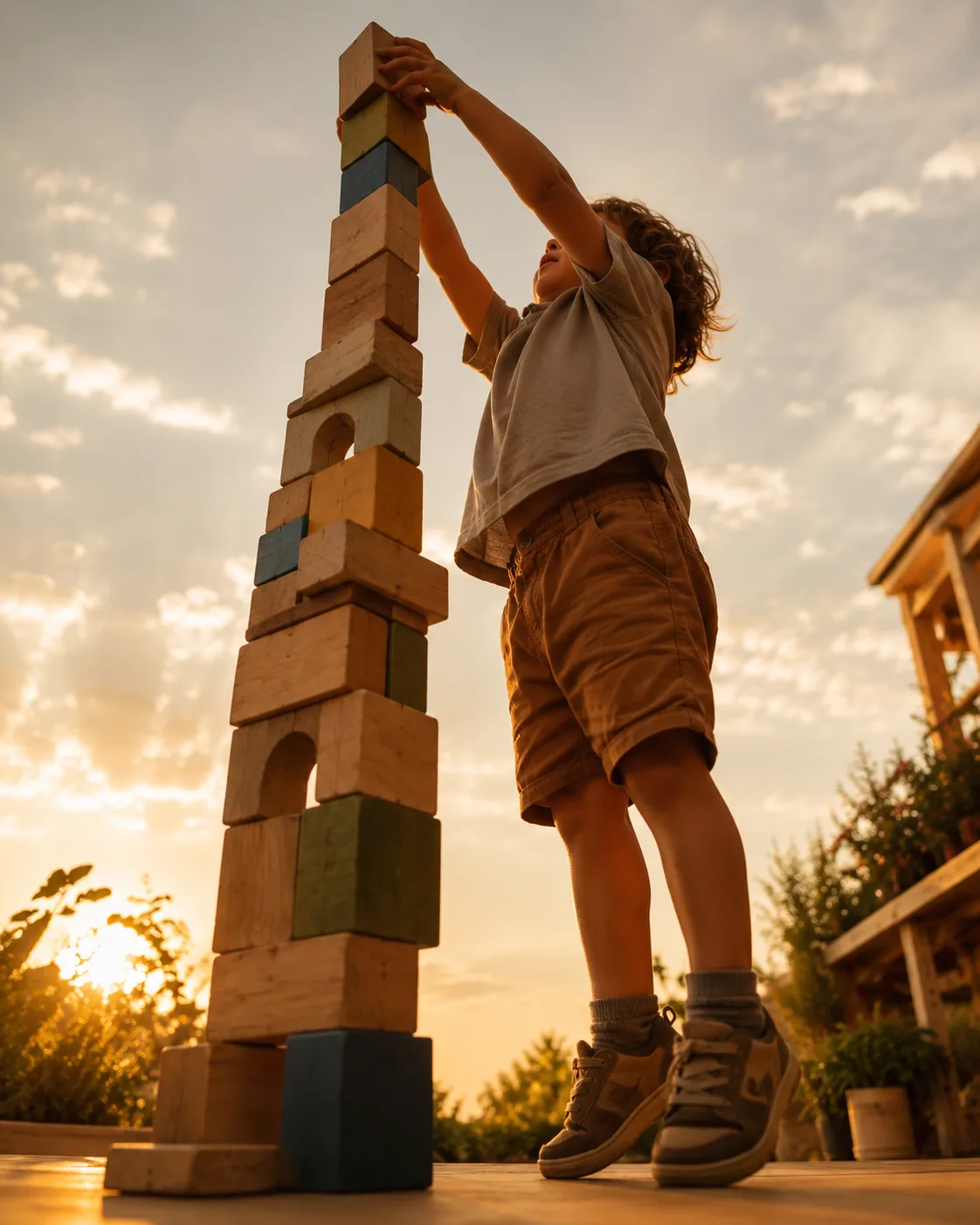 Child proudly placing the top block on a tall tower at sunset